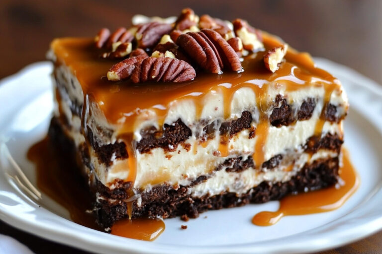 A slice of 5-Layer Turtle Lasagna Dessert with layers of chocolate, caramel, and pecans, topped with whipped cream and a caramel drizzle.