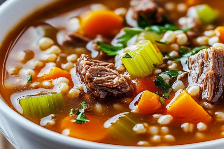 Bowl of beef barley soup with chunks of beef, vegetables, and barley.