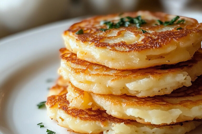 A plate of crispy, golden-brown potato pancakes garnished with fresh herbs and served with sour cream.