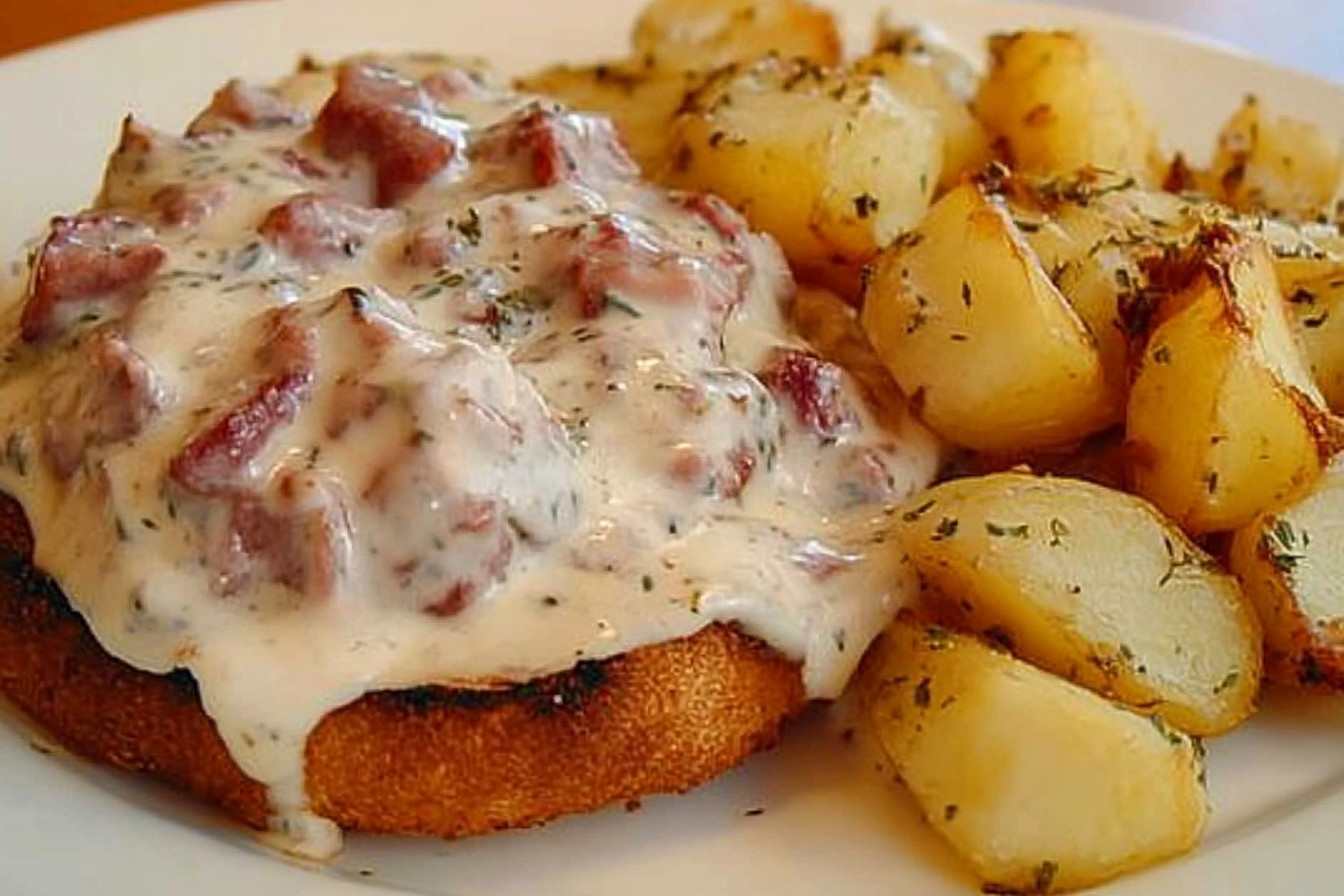 Creamed chipped beef served on buttery toast with a sprinkle of black pepper.