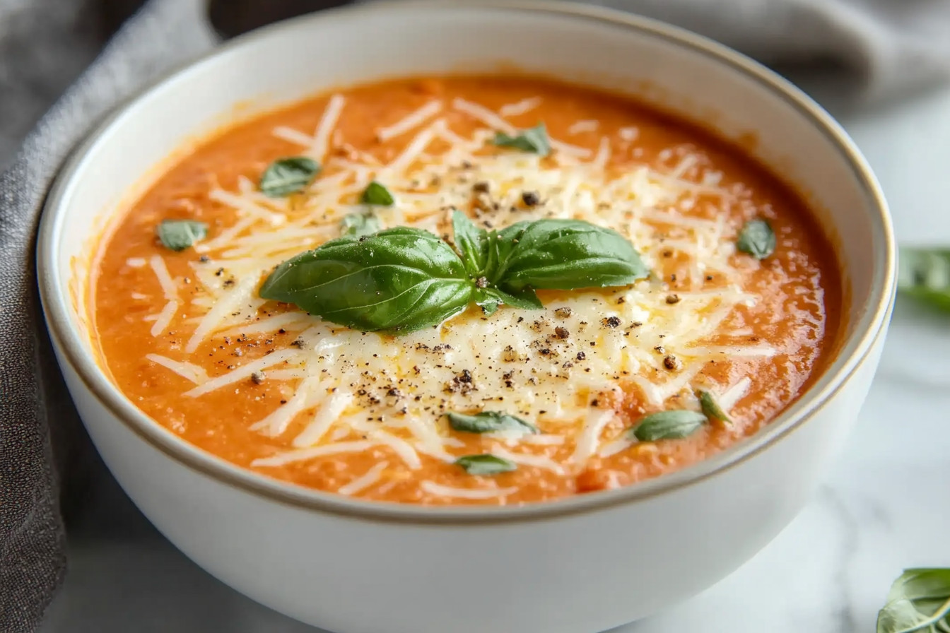 A bowl of creamy tomato basil Parmesan soup topped with fresh basil and grated Parmesan cheese.