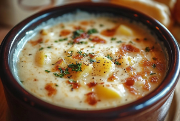 A warm bowl of creamy Crock Pot Crack Potato Soup topped with crispy bacon, shredded cheese, and chopped green onions.