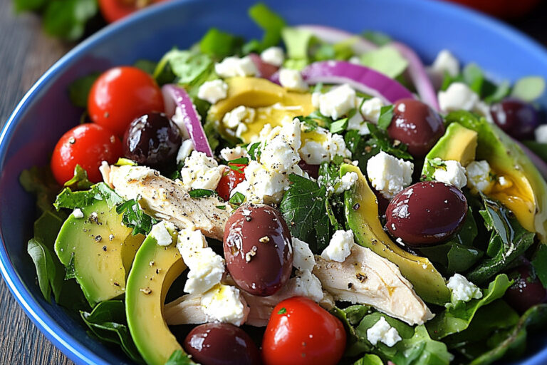 Fresh Greek chicken salad with avocado, tomatoes, cucumbers, olives, and feta cheese.
