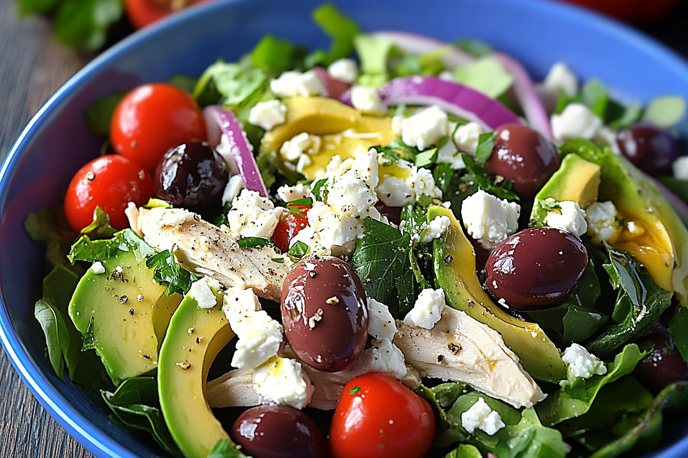 Fresh Greek chicken salad with avocado, tomatoes, cucumbers, olives, and feta cheese.