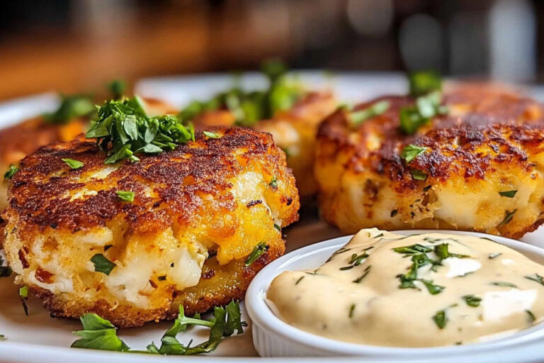 Golden Maryland crab cakes served with lemon wedges and fresh herbs.