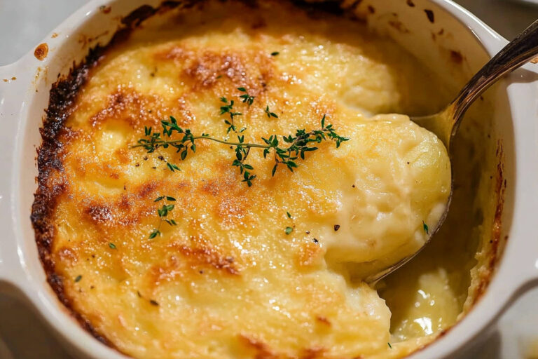 Baked Homemade Potatoes au Gratin with golden melted cheese on top, served in a white casserole dish.