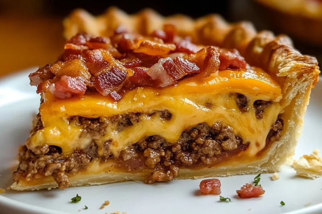 Slice of cheeseburger pie with ground beef, melted cheese, and golden crust, served on a white plate.