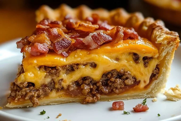 Slice of cheeseburger pie with ground beef, melted cheese, and golden crust, served on a white plate.