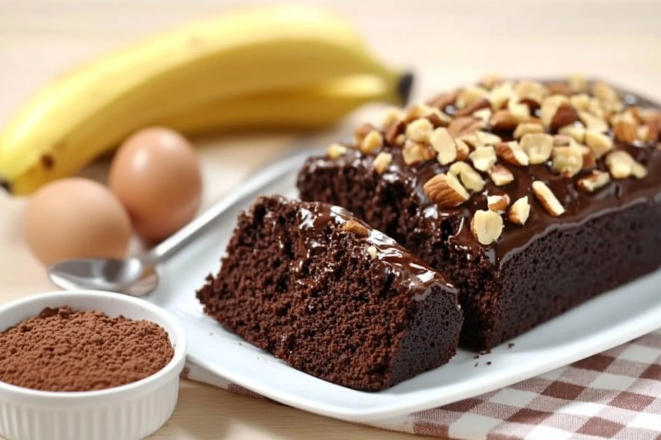 A slice of chocolate banana oat bake with a golden top, served on a plate with fresh banana slices and chocolate chips.