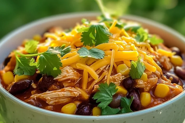 Crockpot chicken enchilada casserole topped with melted cheese and chopped cilantro.