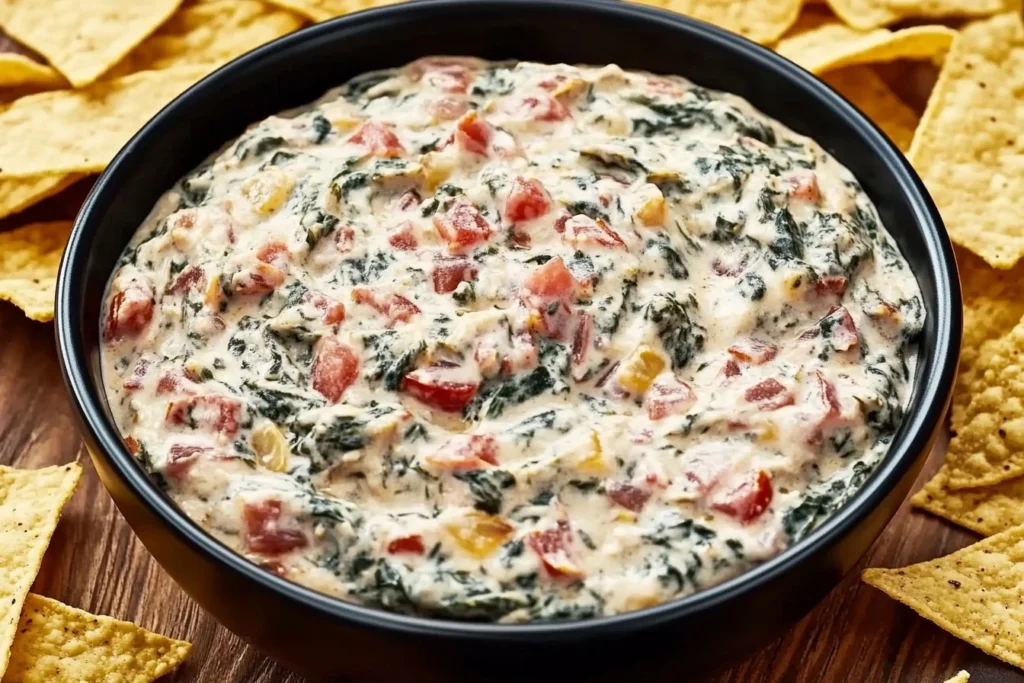 A warm, cheesy Crockpot Fiesta Spinach Dip garnished with diced tomatoes and cilantro, served with tortilla chips
