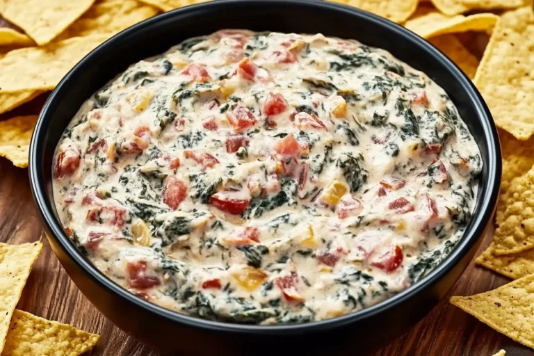 A warm, cheesy Crockpot Fiesta Spinach Dip garnished with diced tomatoes and cilantro, served with tortilla chips