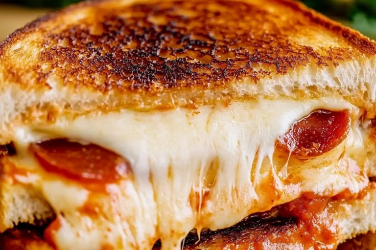 A crispy, golden-brown pizza grilled cheese sandwich with melted mozzarella and marinara sauce oozing out.