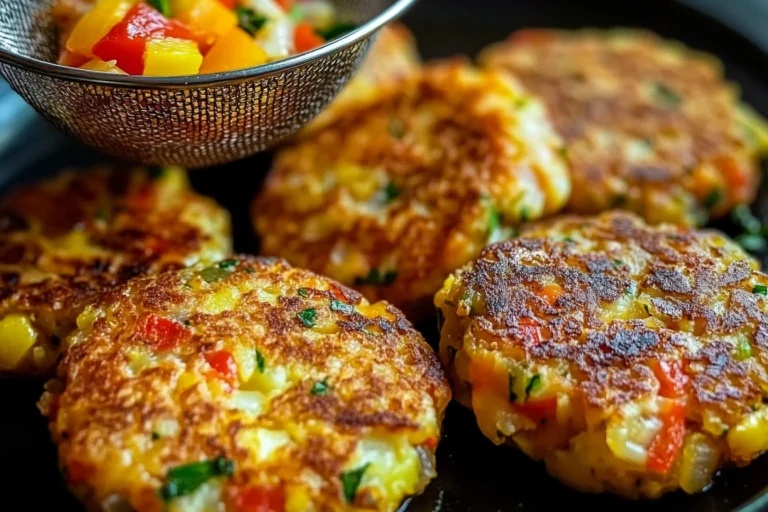 Golden brown potato and egg fritters stacked on a plate with a side of dipping sauce.