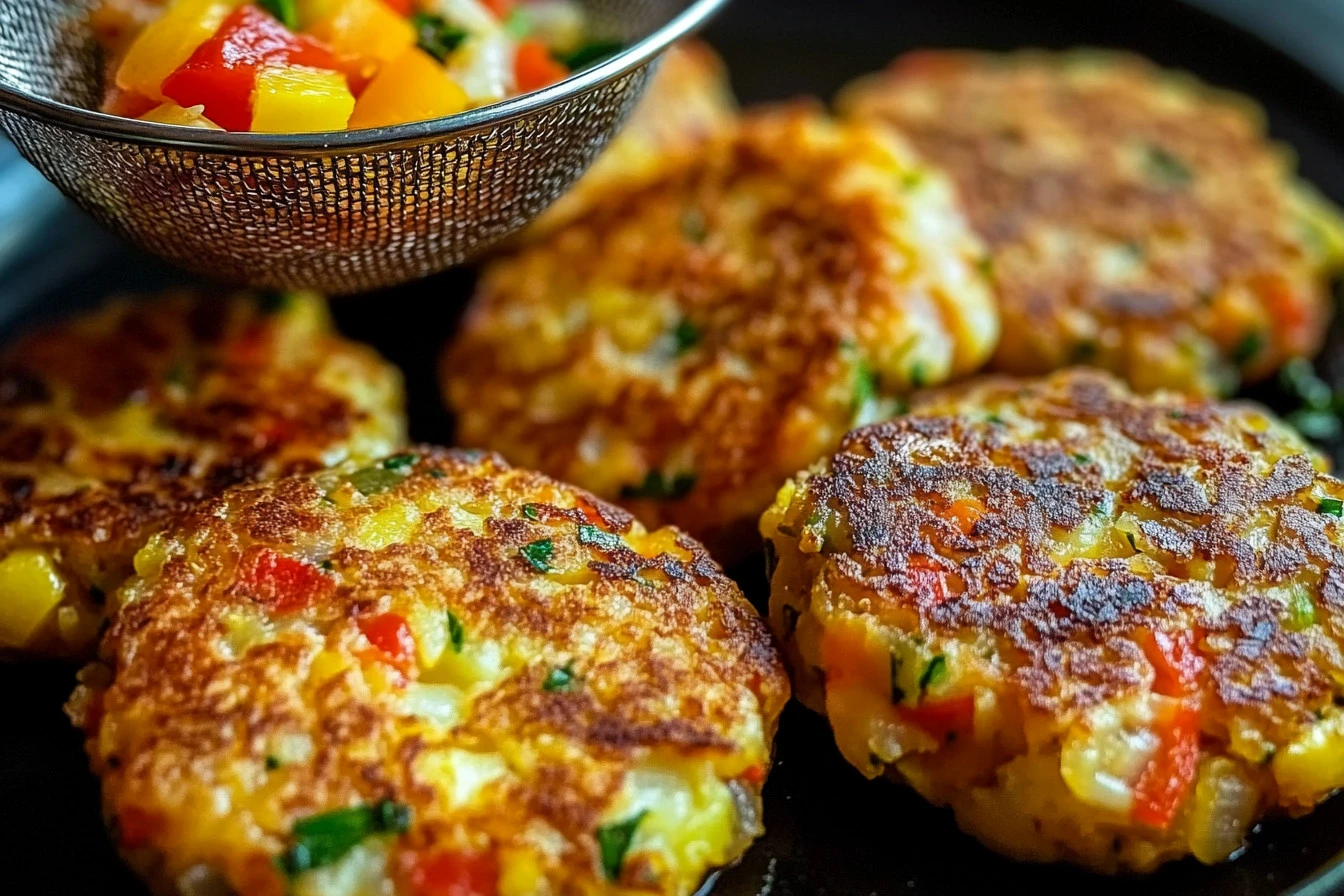 Golden brown potato and egg fritters stacked on a plate with a side of dipping sauce.