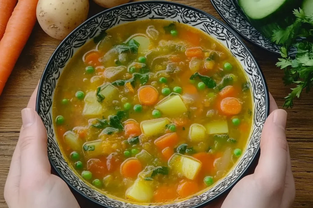 A bowl of hearty vegetable soup filled with vibrant carrots, potatoes, celery, green beans, and a rich tomato-herb broth. Served hot and garnished with fresh parsley