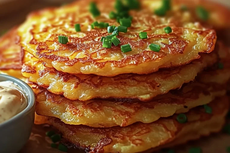 Golden brown German potato pancakes on a plate with a dollop of sour cream and fresh herbs.