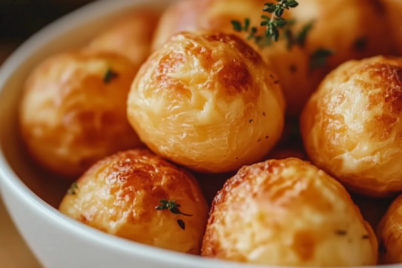 Golden, airy cheese puffs stacked on a white plate, ready to serve.