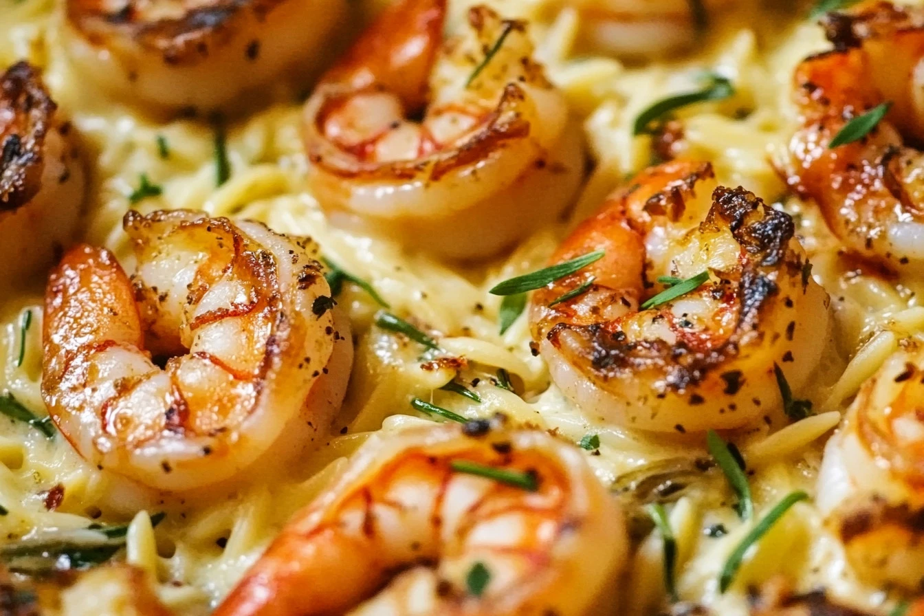 Creamy garlic shrimp orzo in a skillet with herbs and lemon slices.