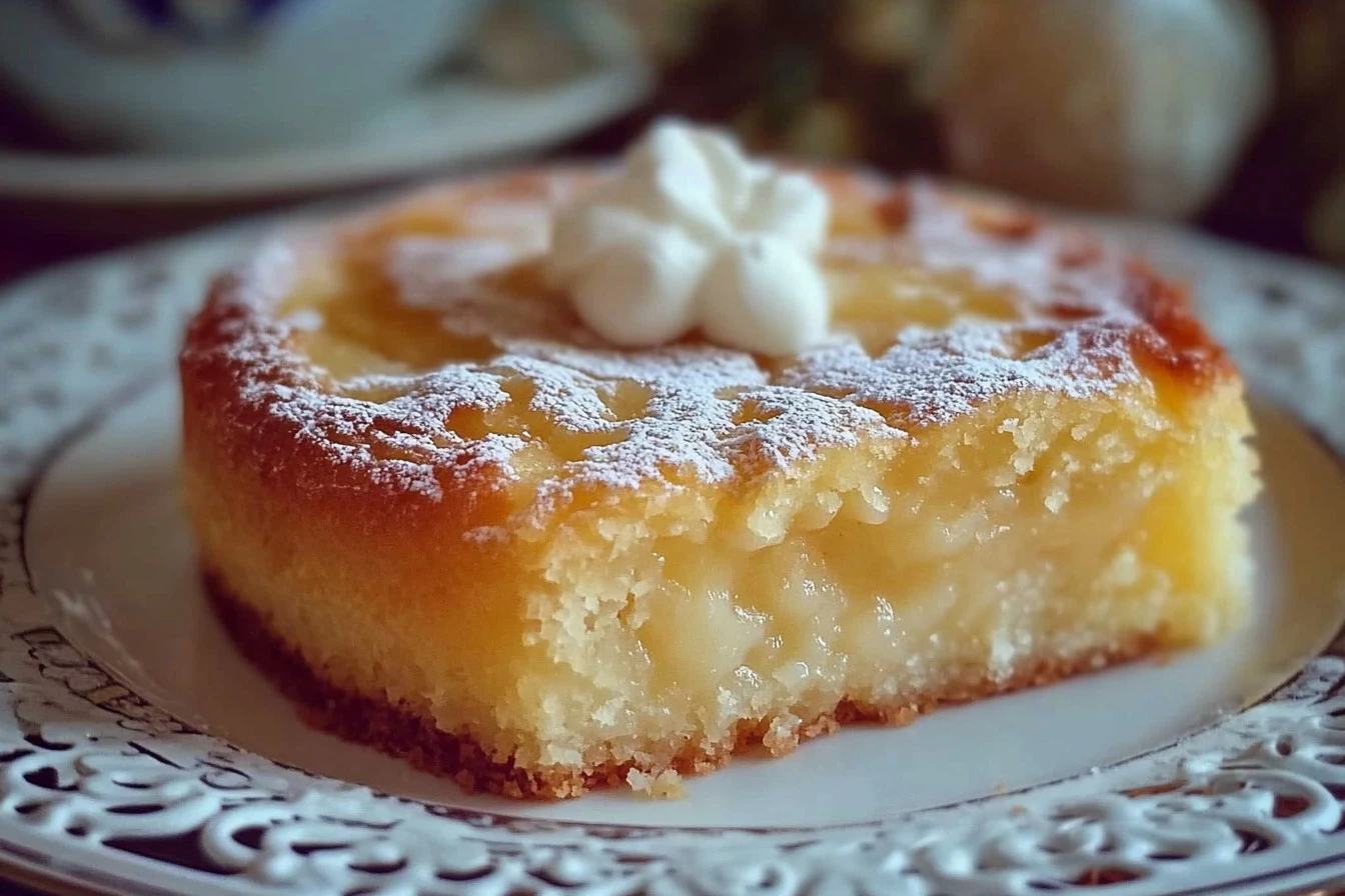 A moist slice of Grandma’s apple cake topped with creamy vanilla pudding.