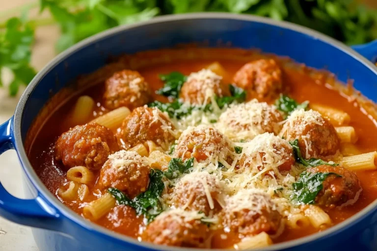 Bowl of meatball soup with colorful vegetables and herbs in a rich broth.