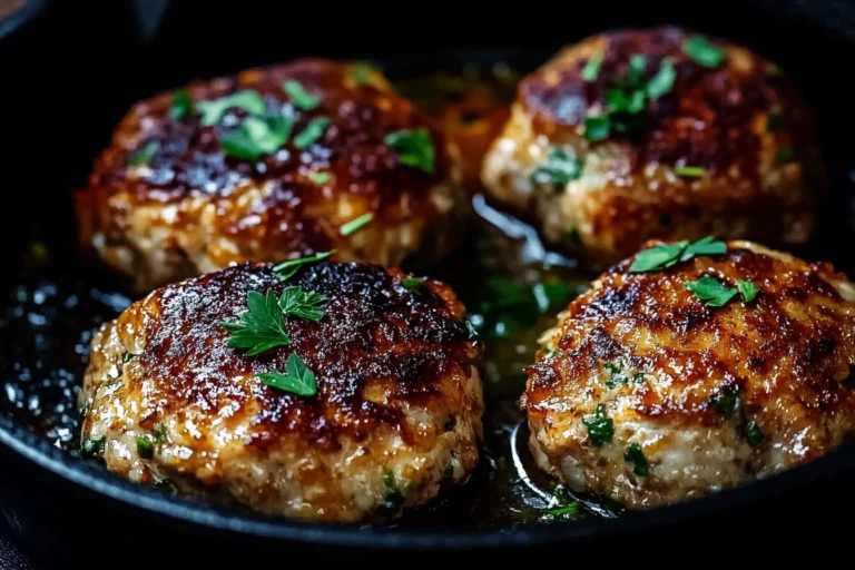 Sliced chicken meatloaf topped with creamy garlic Parmesan sauce and garnished with fresh parsley