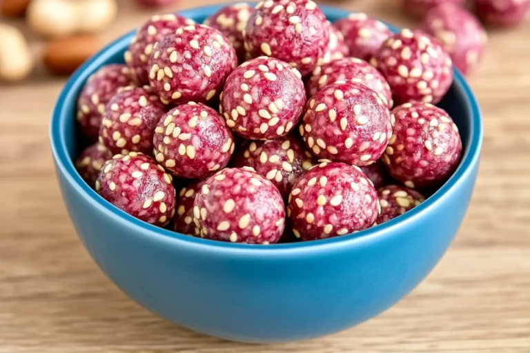 No-bake lemon-raspberry energy balls on a white plate