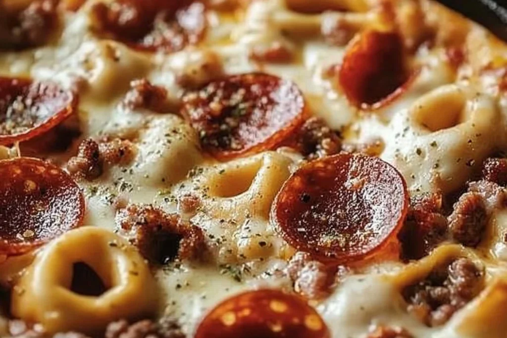 Baked tortellini with melted cheese, sausage, pepperoni, and marinara in a casserole dish.