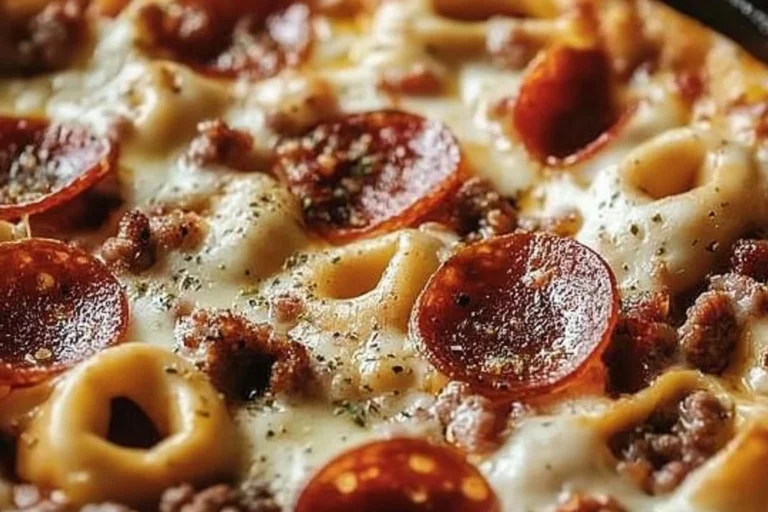 Baked tortellini with melted cheese, sausage, pepperoni, and marinara in a casserole dish.