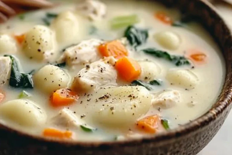 Bowl of creamy chicken gnocchi soup with spinach and carrots, served hot with a spoon.