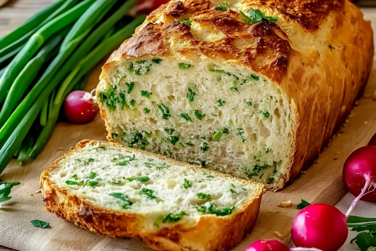 Sliced wild garlic bread with golden crust and fresh green herbs on top.