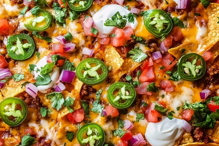 Sheet pan nachos topped with melted cheese, beef, jalapeños, tomatoes, and sour cream.